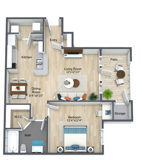 A 3D rendered image of a house layout with labeled rooms.